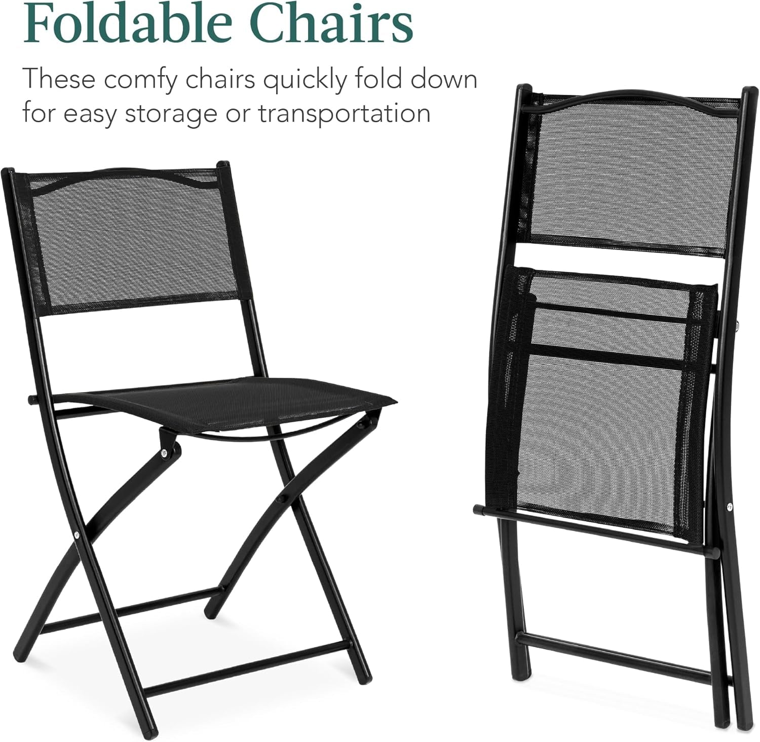 3-Piece Patio Bistro Dining Furniture Set W/Textured Glass Tabletop, 2 Steel Folding Chairs, Polyester Fabric - Black-2