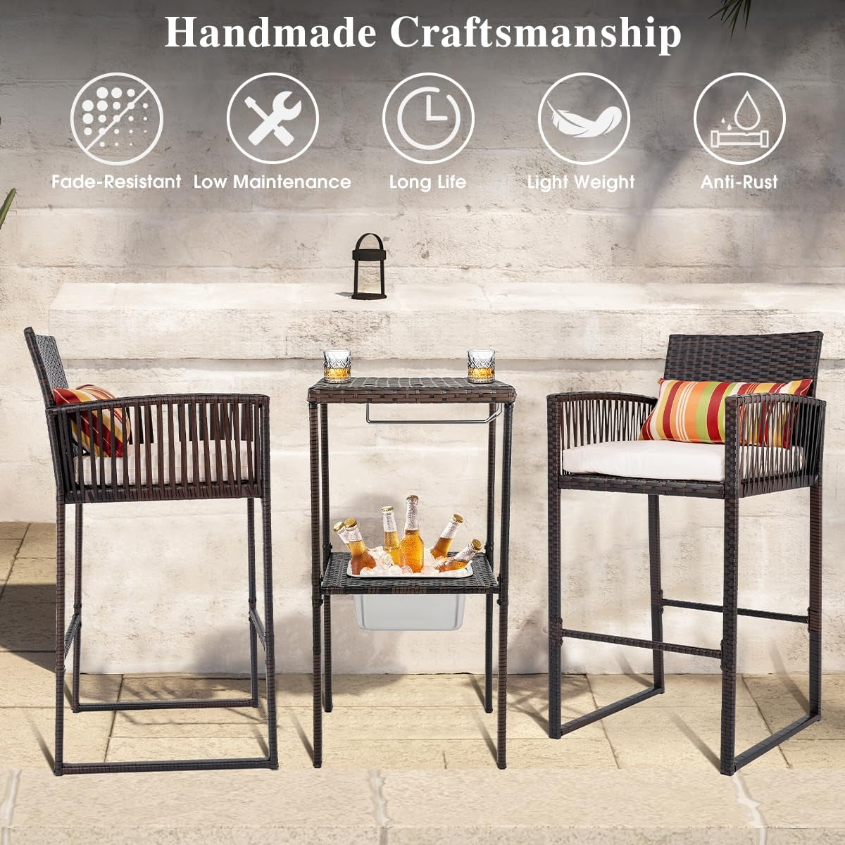3 Pieces Wicker Bar Furniture Set for 2, Patio Stools and Bar Set with Glass Holder & Ice Bucket, Counter and 2 Pub Stools, High Top Bistro Dining Set, Brown Rattan and Beige Cushions-4