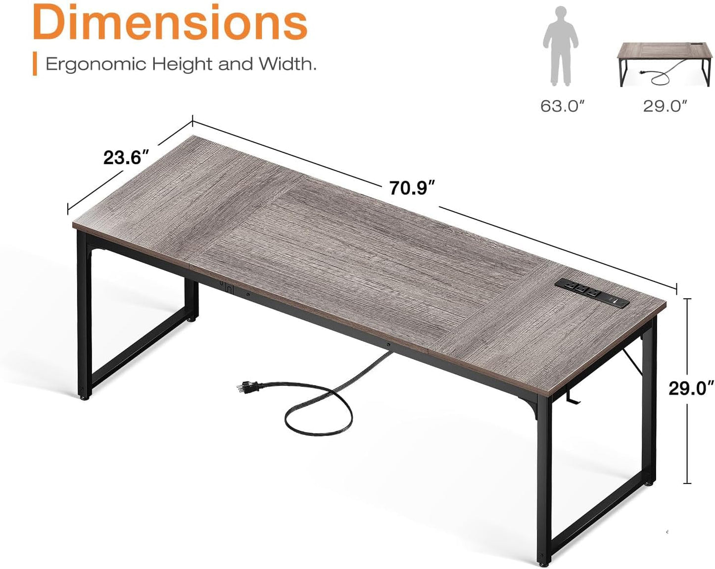 71 Inch Computer Desk with USB Ports, Large Office Desk, Long Study Student Writing Desk, Grey Oak-2