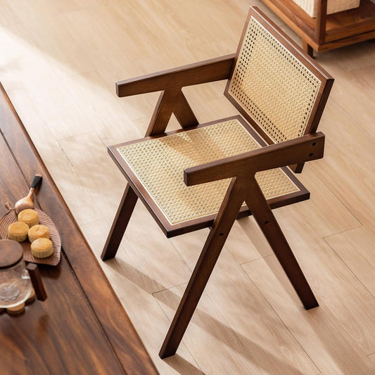 Rattan Accent Chairs, Modern Mid Century Dining Chairs Set of 2, Comfy Armchairs, Outdoor Rattan Chairs with Armrest for Bedroom Living Room Reading Room Dining Kitchen, Brown-1