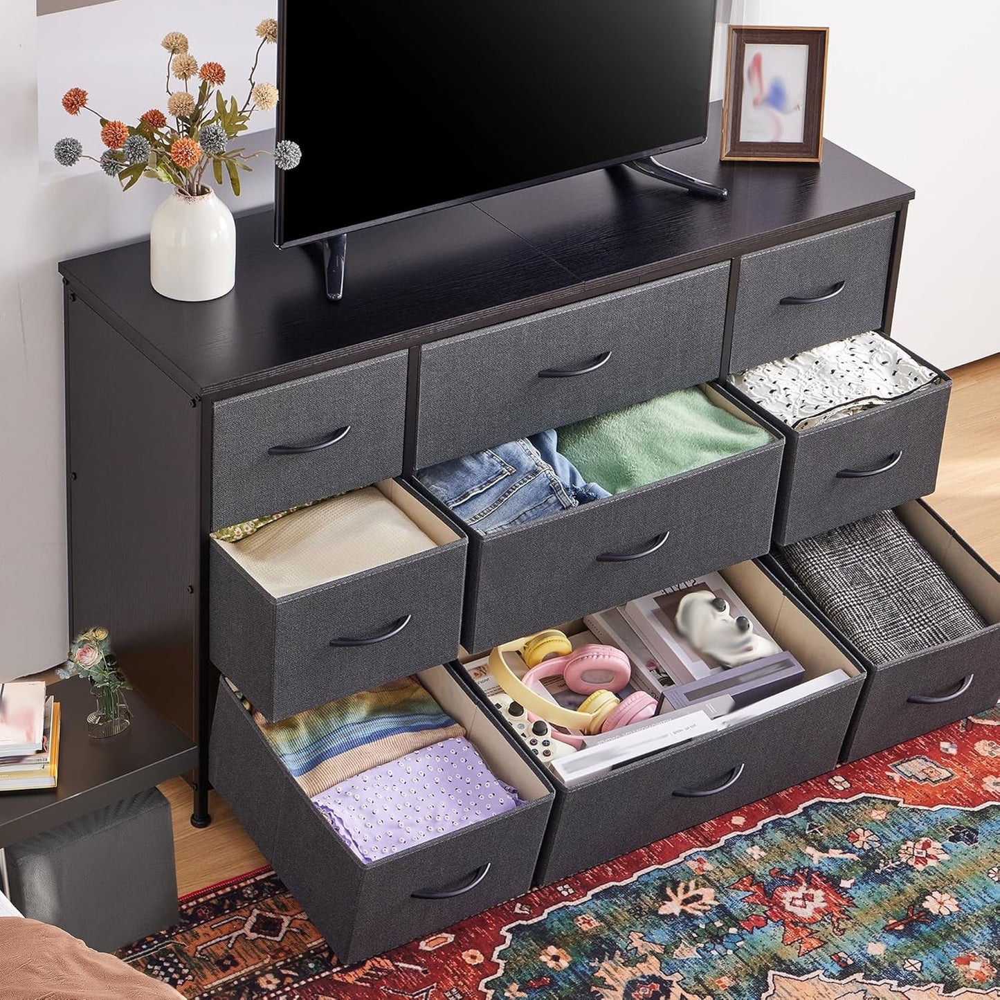 Dresser, Dresser for Bedroom with 9 Drawers, Wide Dresser TV Stand for 55” TV Stand for Bedroom Dresser Long Dressers & Chests of Drawers, Metal Frame&Wood Top, Closet, Hallway, Grey-4