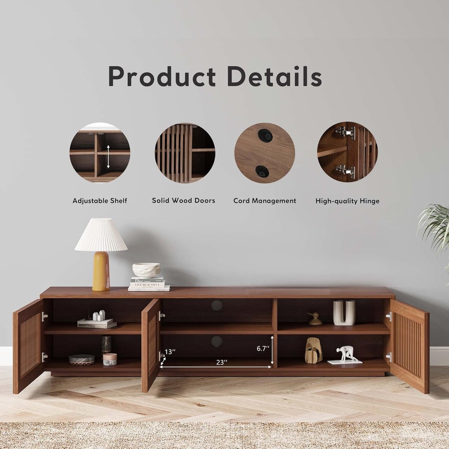 Mid Century Modern TV Stand, Solid Wood Media Console for 65 Inch TV, Full Assembled Farmhouse Entertainment Center with Storage for Living Room, Low Cabinet with Removable Shelves-2