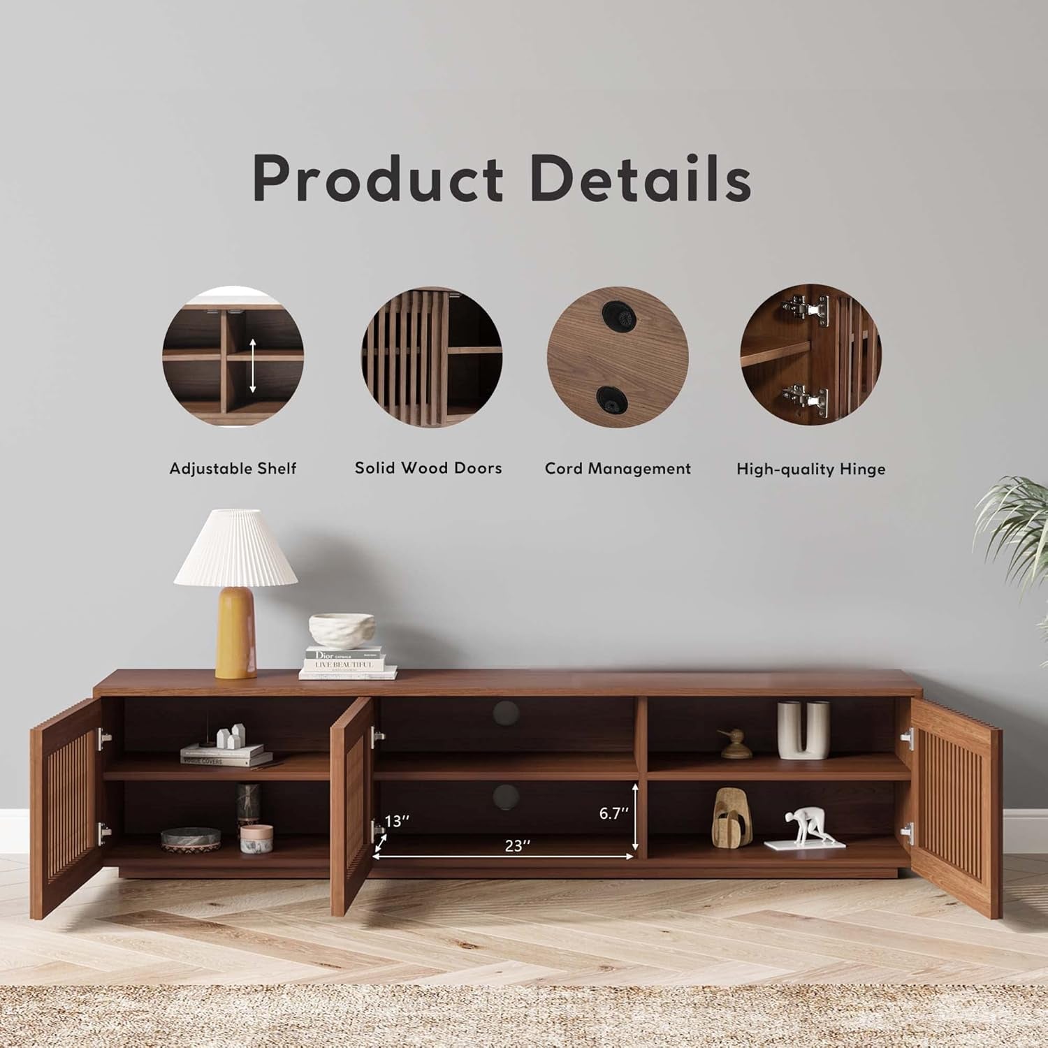 Mid Century Modern TV Stand, Solid Wood Media Console for 65 Inch TV, Full Assembled Farmhouse Entertainment Center with Storage for Living Room, Low Cabinet with Removable Shelves-2