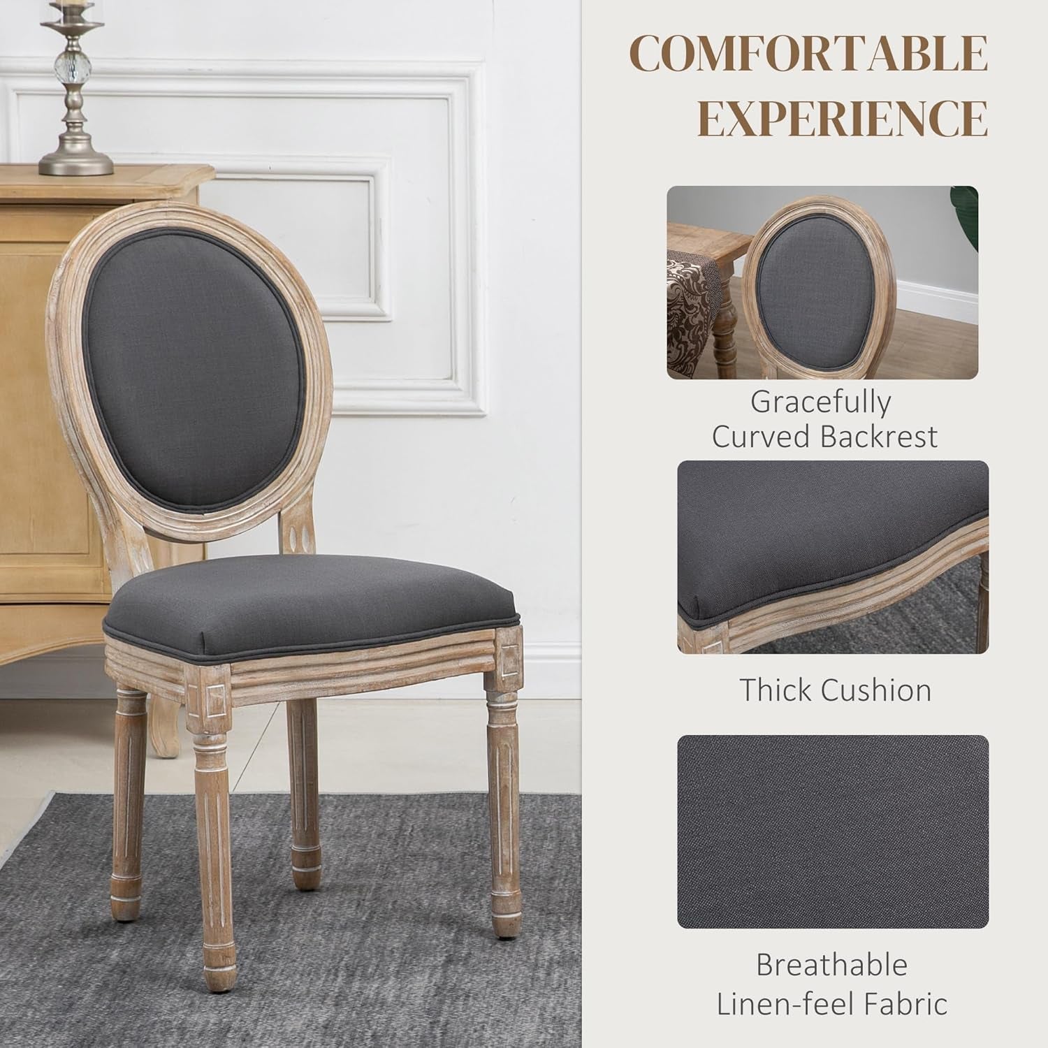 Upholstered Dining Chair Set of 2, French-Style Armless Accent Chairs with Back and Thick Padding, Gray-3