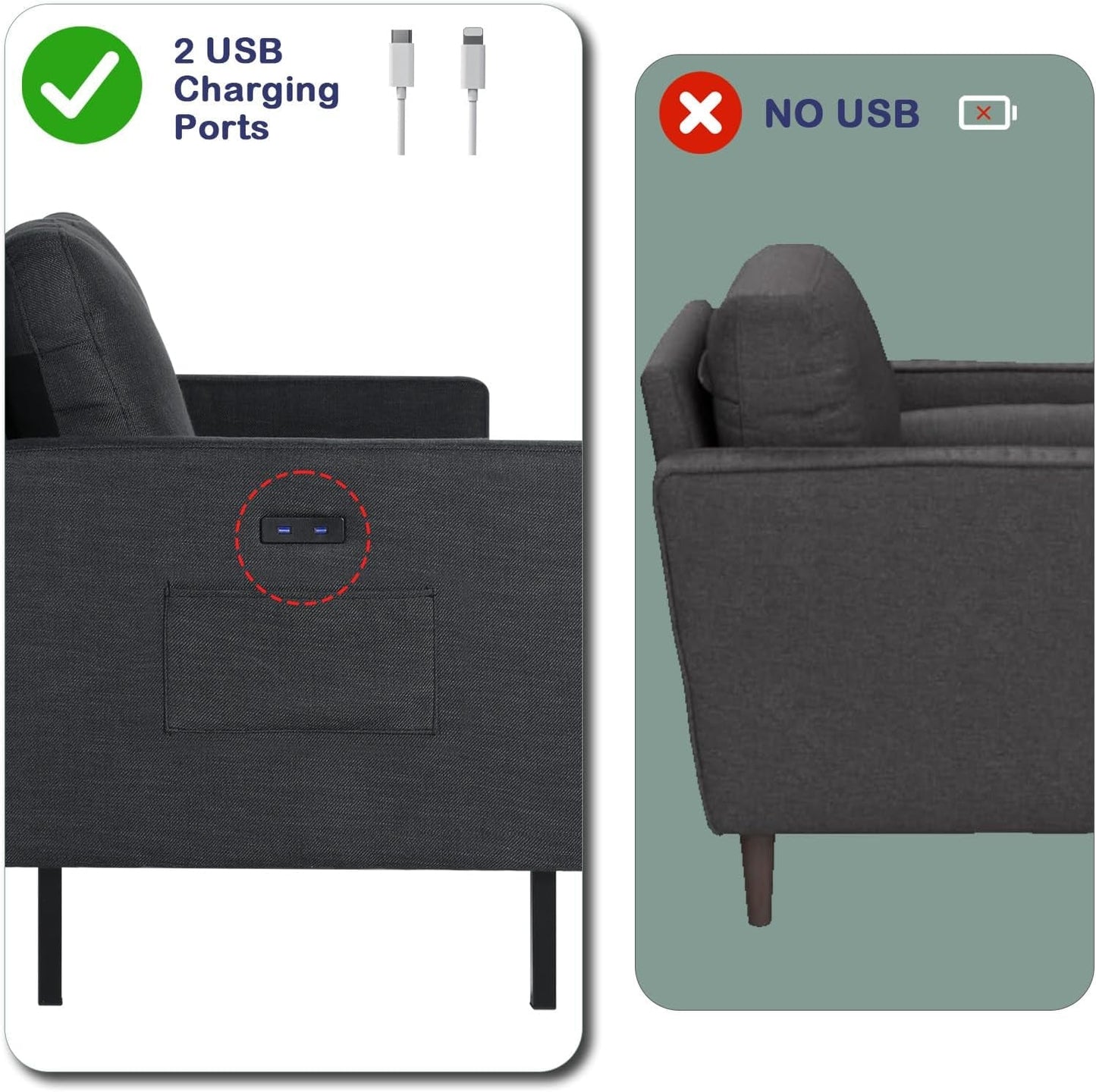 3 Piece Living Room Furniture Sets, 3 Seat Couch and Loveseat with 2 USB, Single Sofa Accent Chair, Modern Small Couches for Small Spaces, Bedroom (Dark Grey)-3