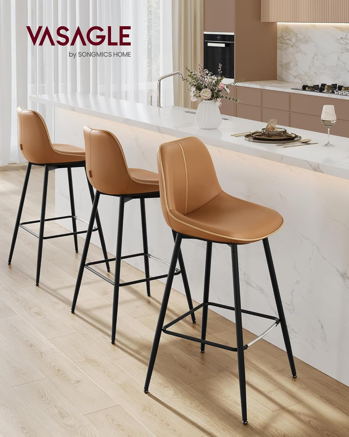 Bar Stools Set of 2, Bar Height Bar Stools with Back, Ergonomic Backrest, Synthetic Leather, Metal Legs, 28.7-Inch Tall Stools for Kitchen Island Home Bar, Caramel Brown ULBC888K01-2