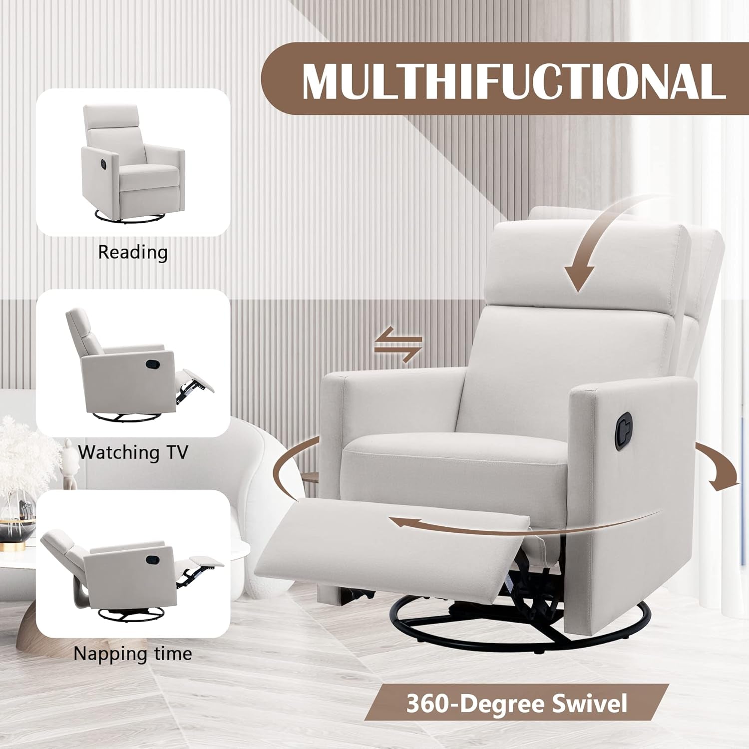 Modern Upholstered Recliner Chair with Thick Seat Cushion and Backrest Swiel Accent Armchair for Living Room, Bedroom, Home Office Beige-3