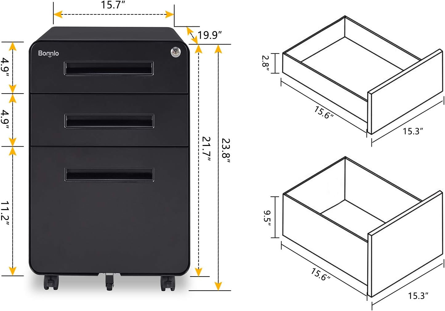 23.8" H 3 Drawer Rolling File Cabinet with Lock, Mobile File Cabinet under Desk with Pencil Tray, Black Locking File Cabinet for Home Office, Metal Filing Cabinet Printer Stand Fully Assembled-1