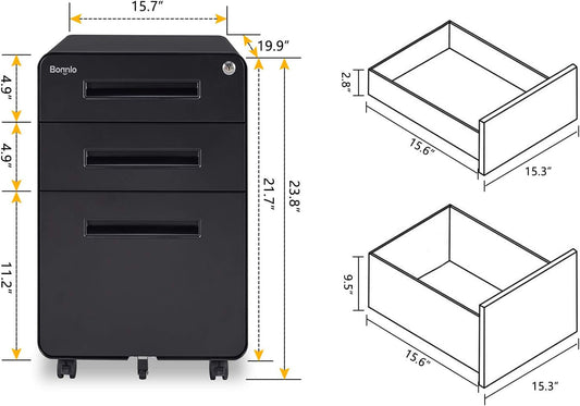 23.8" H 3 Drawer Rolling File Cabinet with Lock, Mobile File Cabinet under Desk with Pencil Tray, Black Locking File Cabinet for Home Office, Metal Filing Cabinet Printer Stand Fully Assembled-1