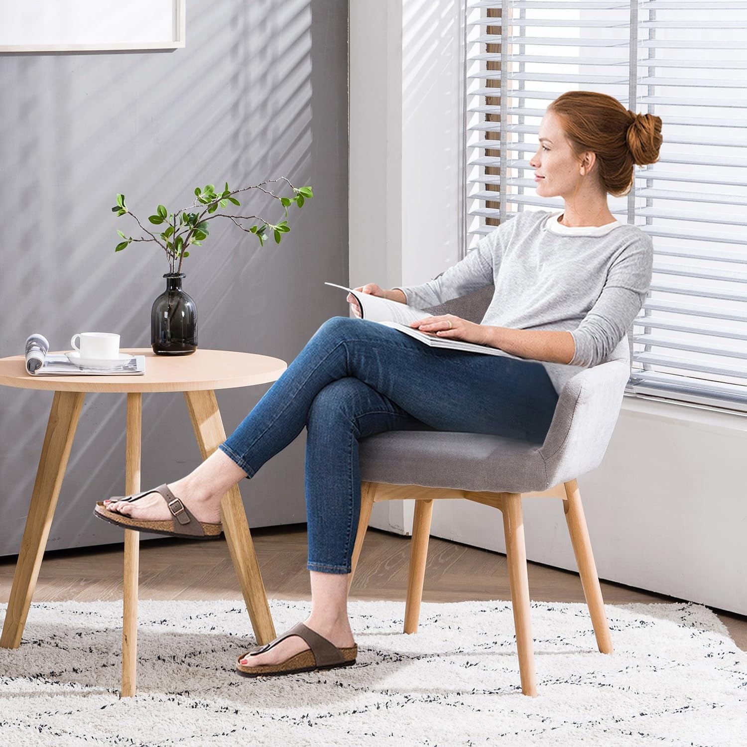 Desk Chair No Wheels Comfy Accent Chair for Living Dining Room Bedroom Vanity Chair Makeup Chair Home Office Mid Century Modern Upholstered Arm Chair Sofa Chair (Gray, 1)-3