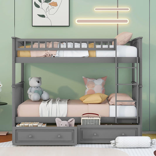 Grey Twin Bunk Bed with Storage, Drawers, and Safety Rail-0