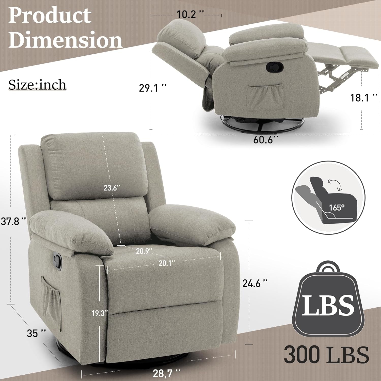 Recliner Chair, 360 Swivel Rocker Chair for Adults, Small Rocking Recliner Chair for Small Spaces, Upholstered Fabric Glider Recliner Nursery Chair with Side Pockets for Living Room, Nursery-1