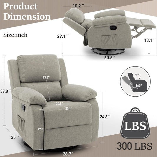 Recliner Chair, 360 Swivel Rocker Chair for Adults, Small Rocking Recliner Chair for Small Spaces, Upholstered Fabric Glider Recliner Nursery Chair with Side Pockets for Living Room, Nursery-1