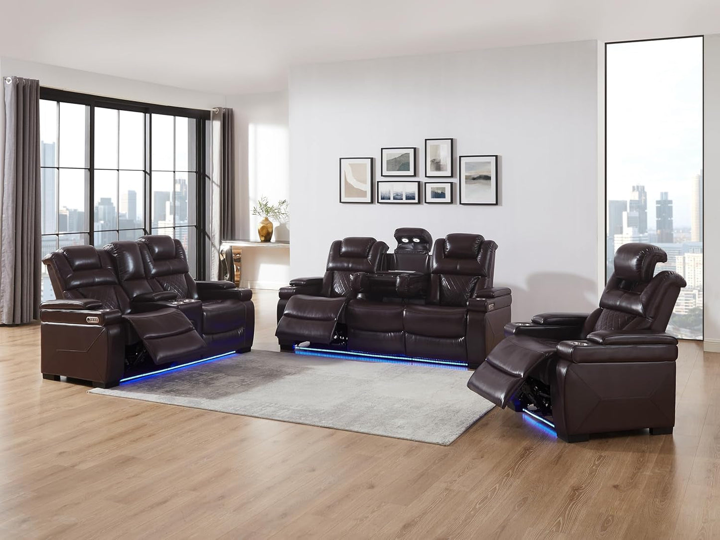 Brown Power Leather Recliner Sofa Set with Features-0