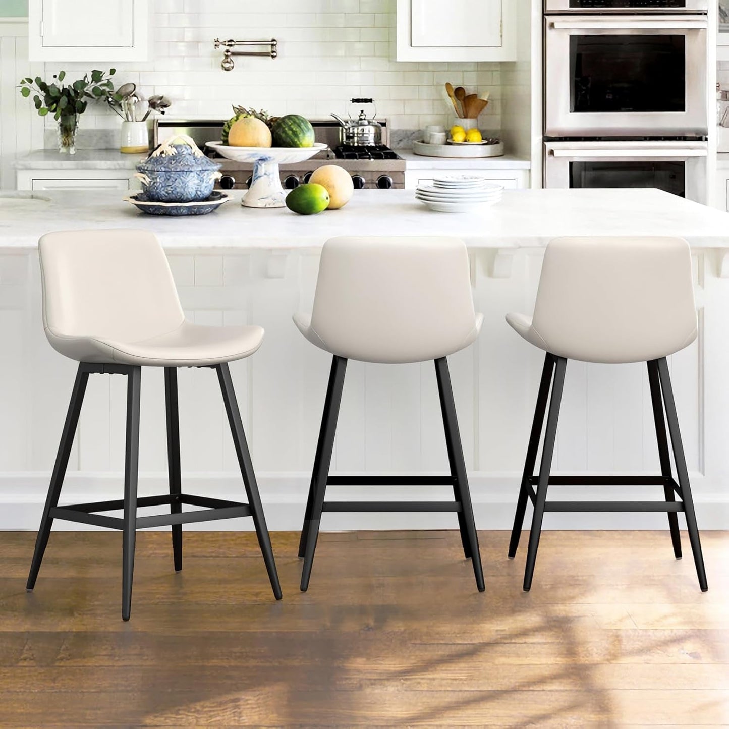 24 Inch Counter Stool, Modern Bucket Barstool Set of 3, Barstools with Back and Footrest, Faux Leather Bar Stools for Kitchen Island Restaurants, Antique White-0