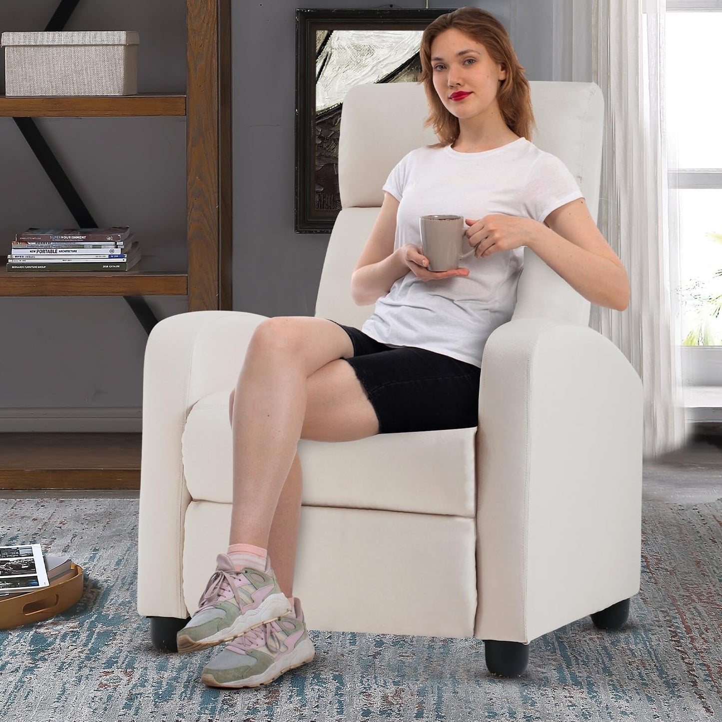 Recliner Chair Home Theater Seating Reclining Sofa Push Back Recliner with Lumbar Support and Fabric Padded Seat Backrest for Living Room (Fabric Beige)-3