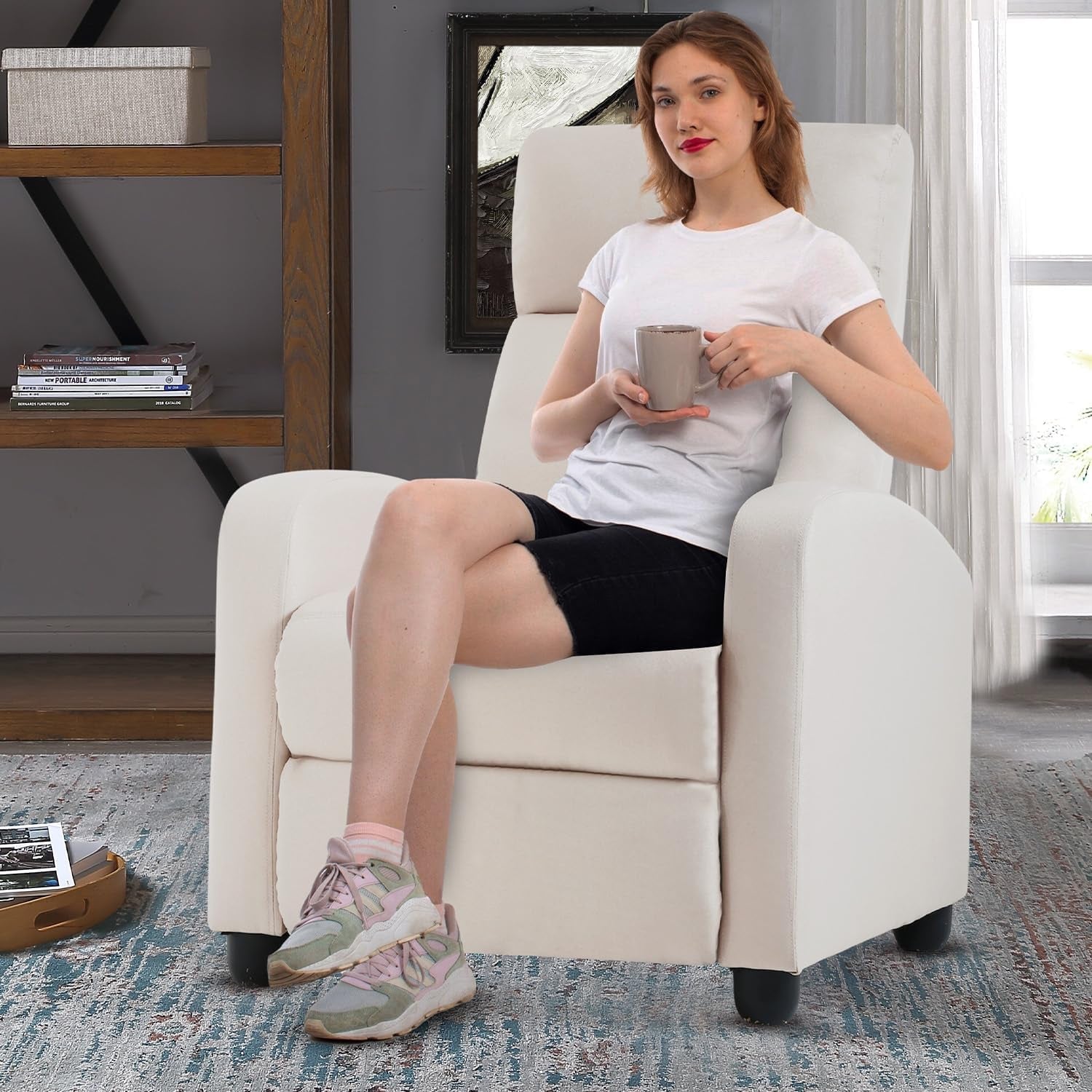 Recliner Chair Home Theater Seating Reclining Sofa Push Back Recliner with Lumbar Support and Fabric Padded Seat Backrest for Living Room (Fabric Beige)-3