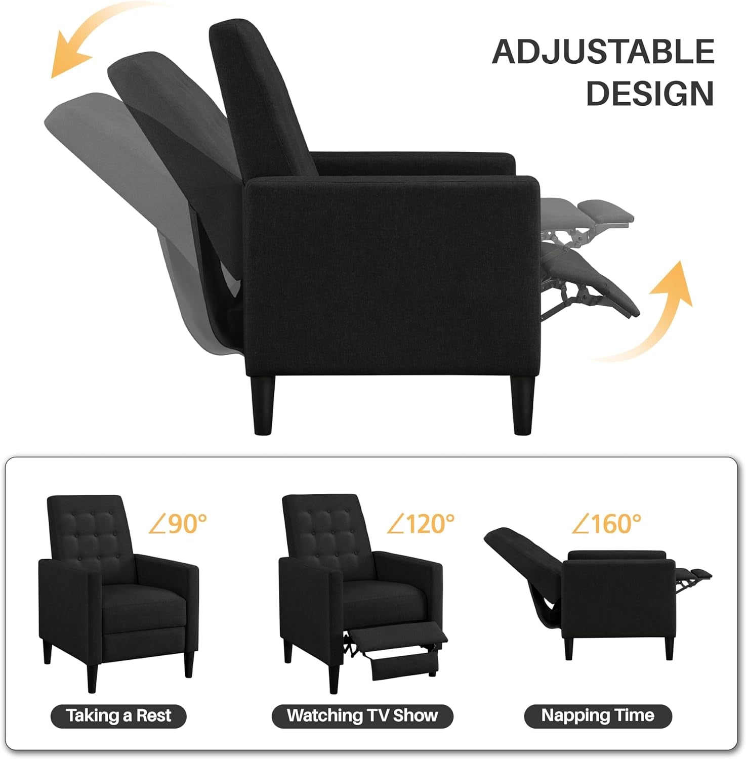 Fabric Recliner Chair Mid-Century Modern Recliner Adjustable Single Recliner Sofa with Thicker Seat Cushion Tufted Upholstered Sofa with Pocket Spring for Living Room Bedroom Black-3