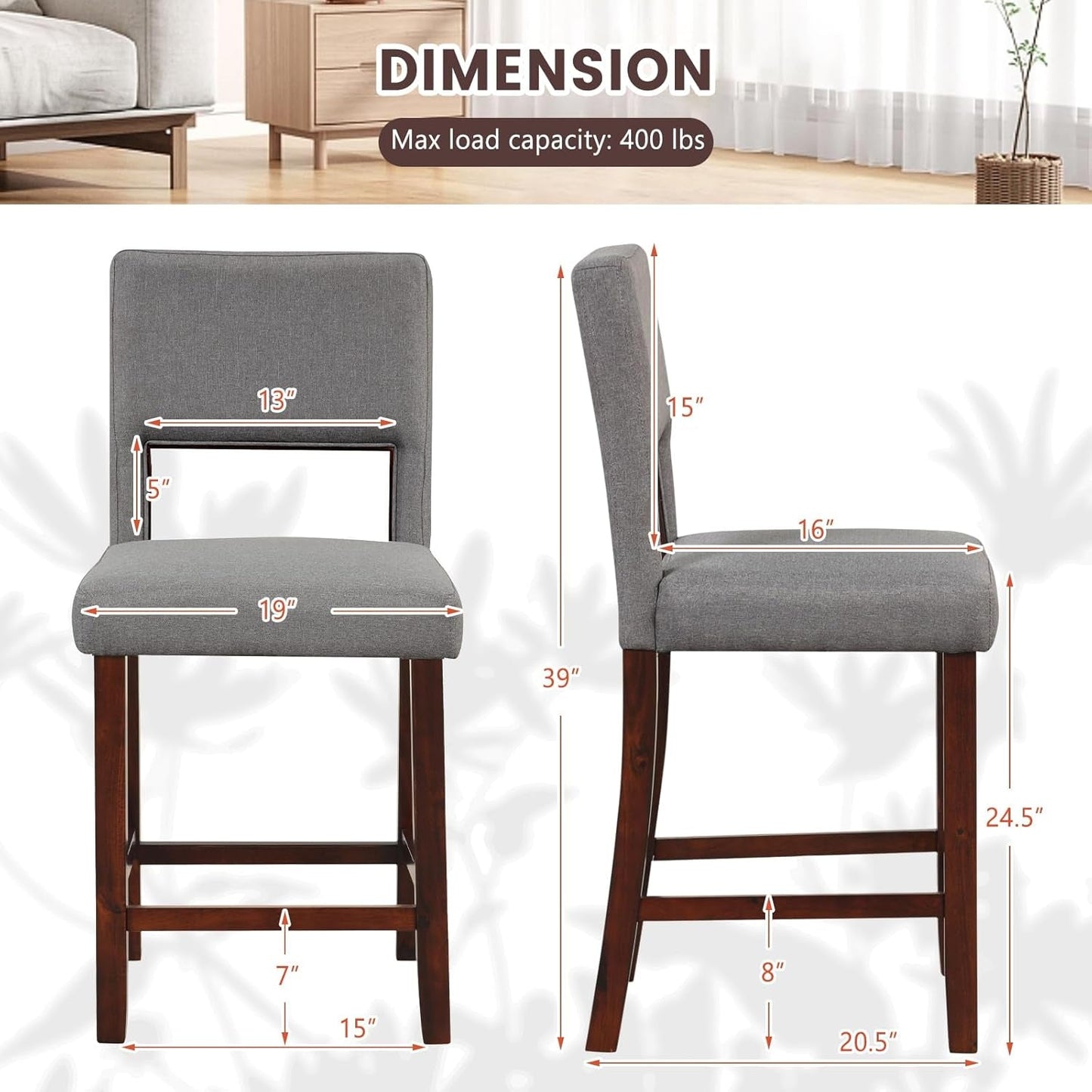24.5" Counter Height Bar Stools Set of 2, Linen Barstools with Back, Rubber Wood Legs, Max Load 400 Lbs, Modern Upholstered Bar Dining Chairs for Kitchen Island Pub, Grey-2