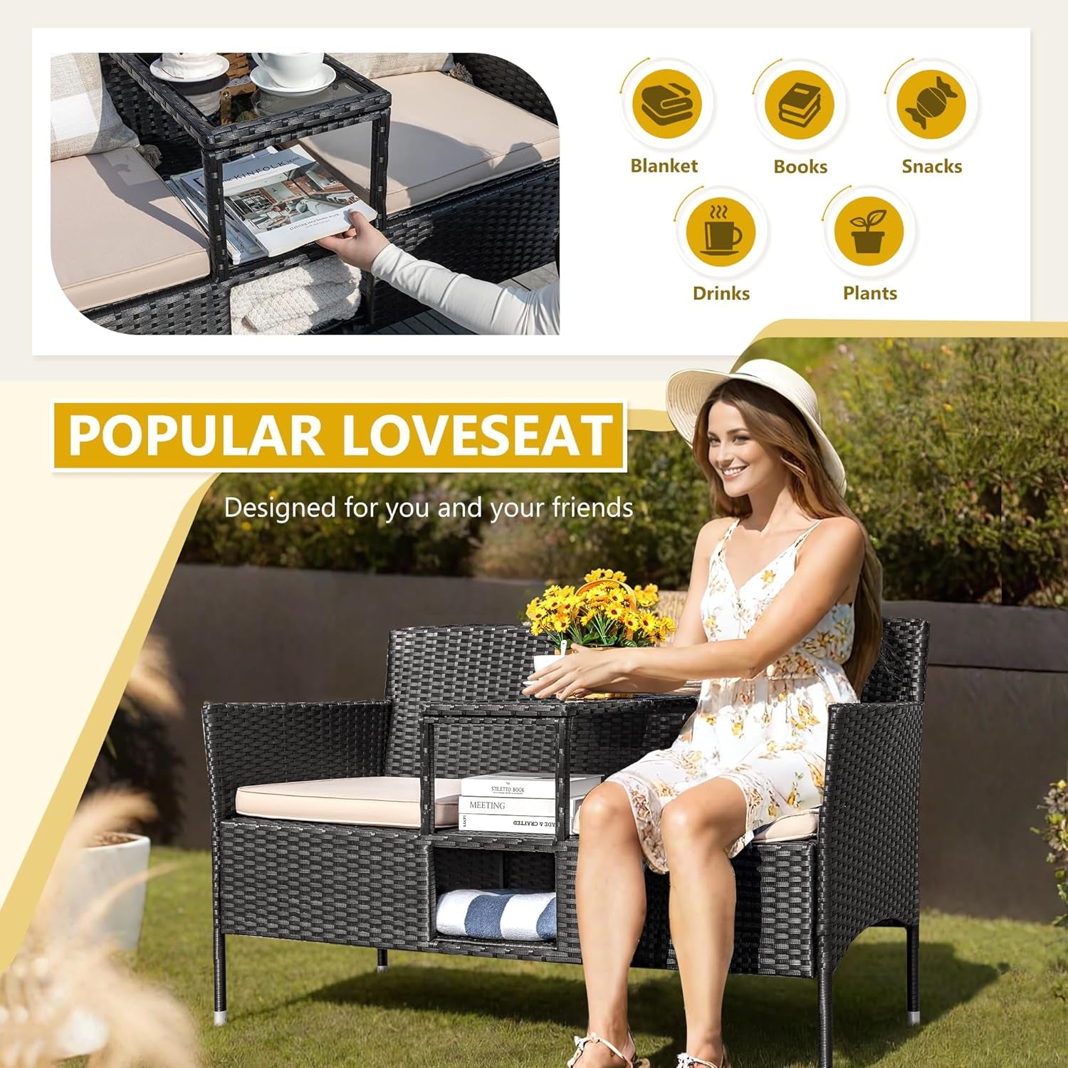 Outdoor Patio Loveseat Modern Rattan 2-Seat Patio Conversation Set with Cushions & Built-In Coffee Table Porch Furniture for Garden Lawn Backyard (Beige)-2