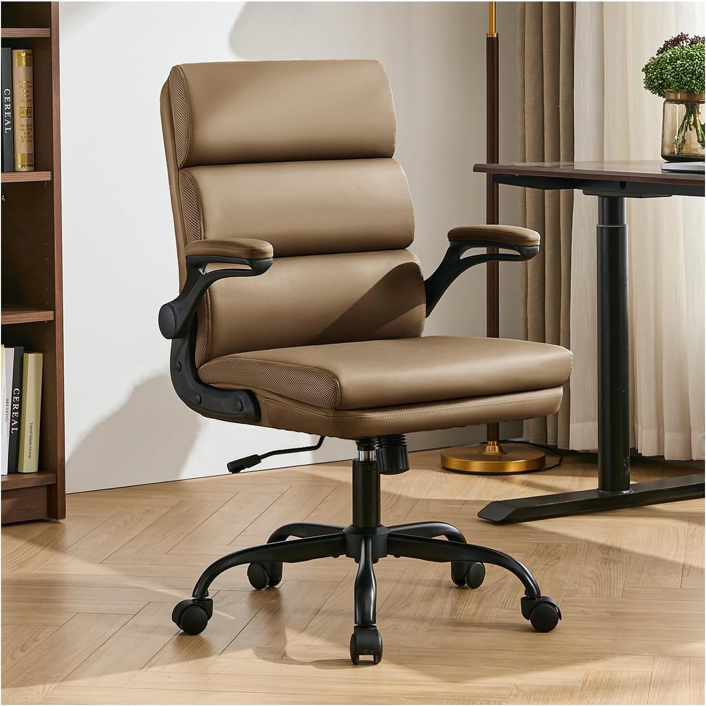 Office Chair Adjustable Desk Chair Mid Back Executive Comfortable Bonded Leather Ergonomic Back Support Home Computer Chair with Padded Flip-Up Armrest Swivel Wheels (Tan)-0