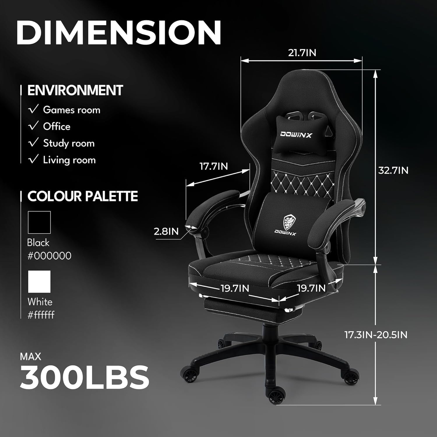 Gaming Chair Breathable Fabric Computer Chair with Pocket Spring Cushion, Comfortable Office Chair with Gel Pad and Storage Bag,Massage Game Chair with Footrest,Black-2