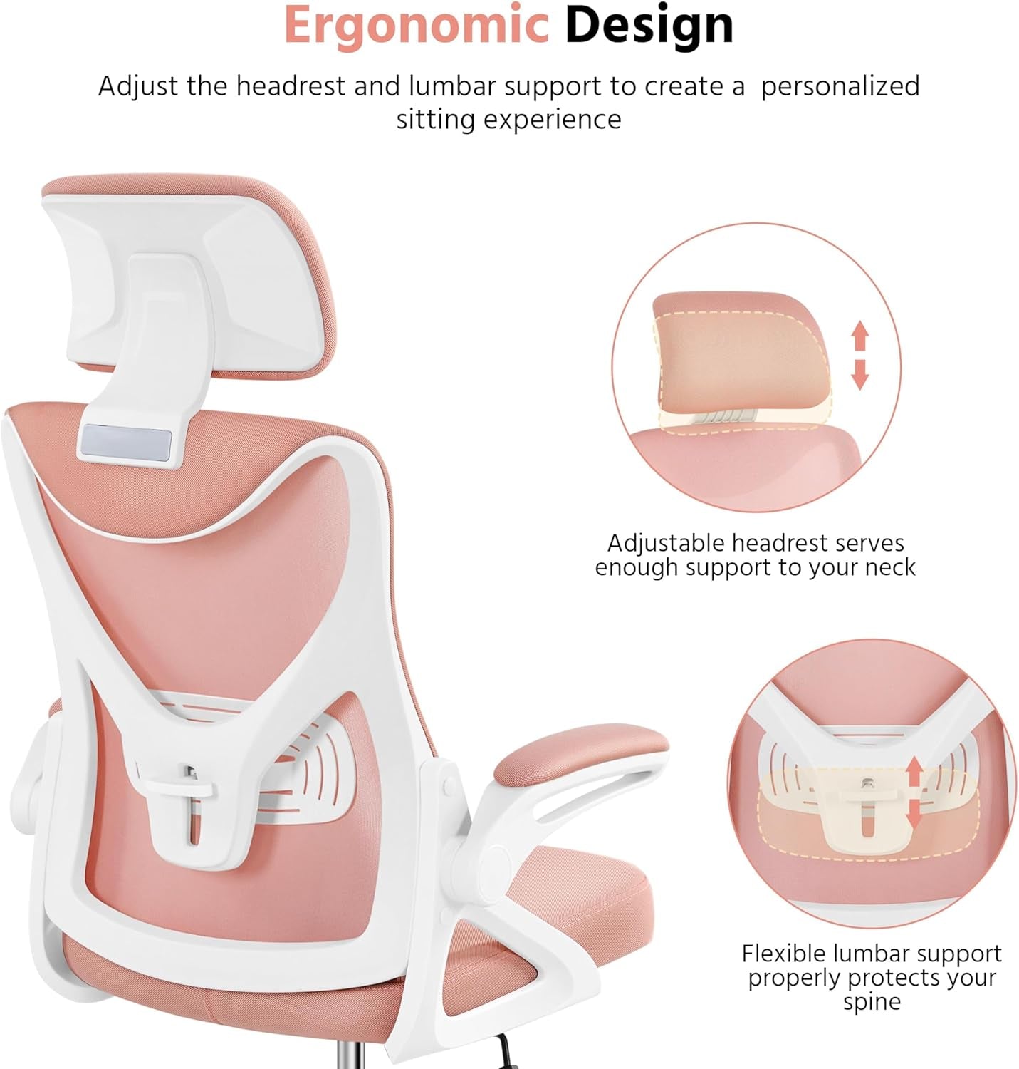Ergonomic Office Chair, High Back Mesh Desk Chair with Flip-Up Armrests, Adjustable Headrest Computer Chair with Lumbar Support for Home Oiffce Gaming Room, White/Pink-3