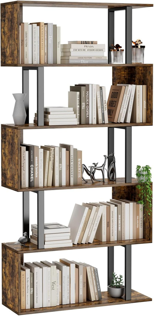 5-Tier Geometric Bookcase,S Shaped Bookshelf, Wood Decorative Storage Shelving, Modern Freestanding Display Shelves, Tall Book Shelf Unit for Living Room Bedroom, Rustic Brown-0