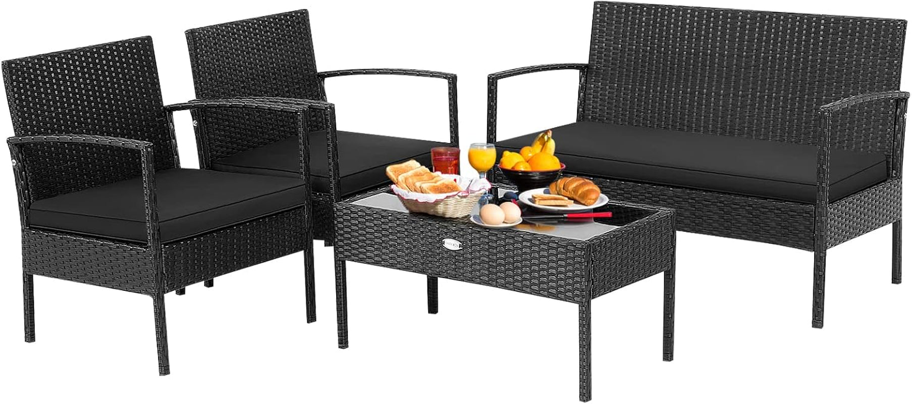 4 Piece Patio Rattan Conversation Set, Outdoor Wicker Furniture Set W/Glass Coffee Table, Solid Steel Structure, Ergonomic Seat, Suitable for Garden, Courtyard, Balcony, Poolside-0