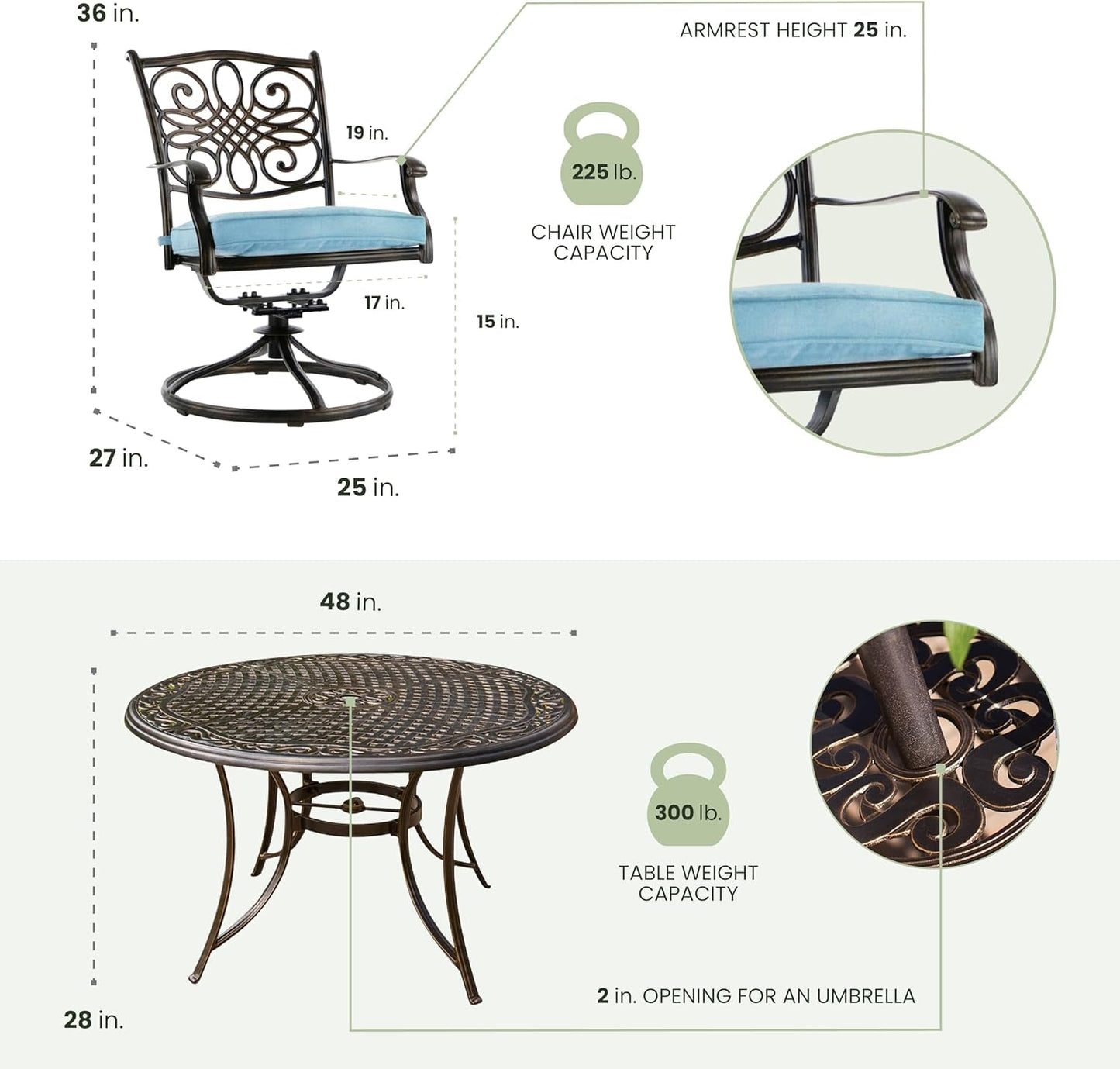 Traditions 5-Piece Rust Resistant Aluminum Patio Dining Set with Blue Cushions, Swivel Rockers and Aluminum round Dining Table, Outdoor Dining Set for 4-3