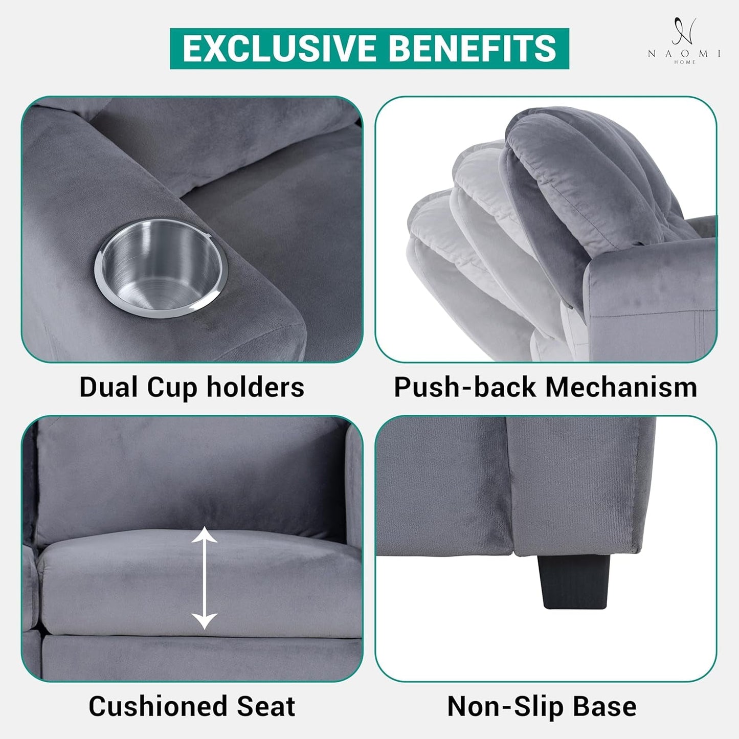 Suri Kids Recliner Loveseat – Spacious Toddler Recliner Chair Ages 3-5 with Cup Holders, Push-Back Function, and Adjustable Footrest - Gray-2