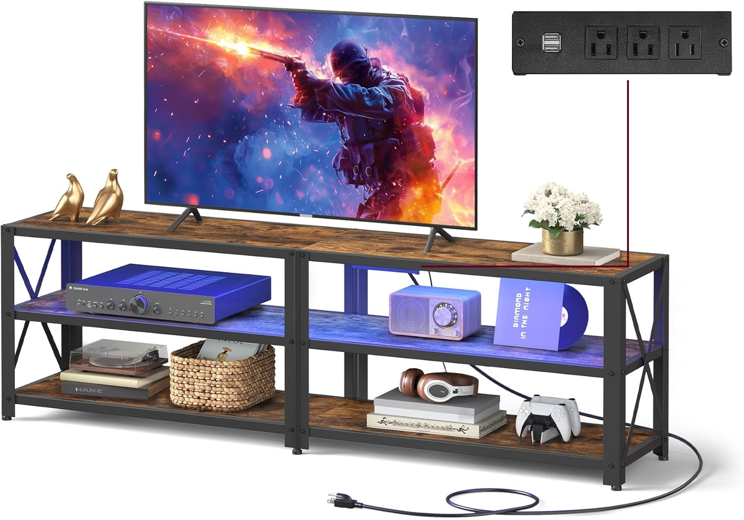 TV Stand with Power Outlets and LED Lights, for Tvs up to 65 Inches, Entertainment Center with Open Storage Shelves, TV Console Table for Living Room, Rustic Brown and Ink Black ULTV118K01-0