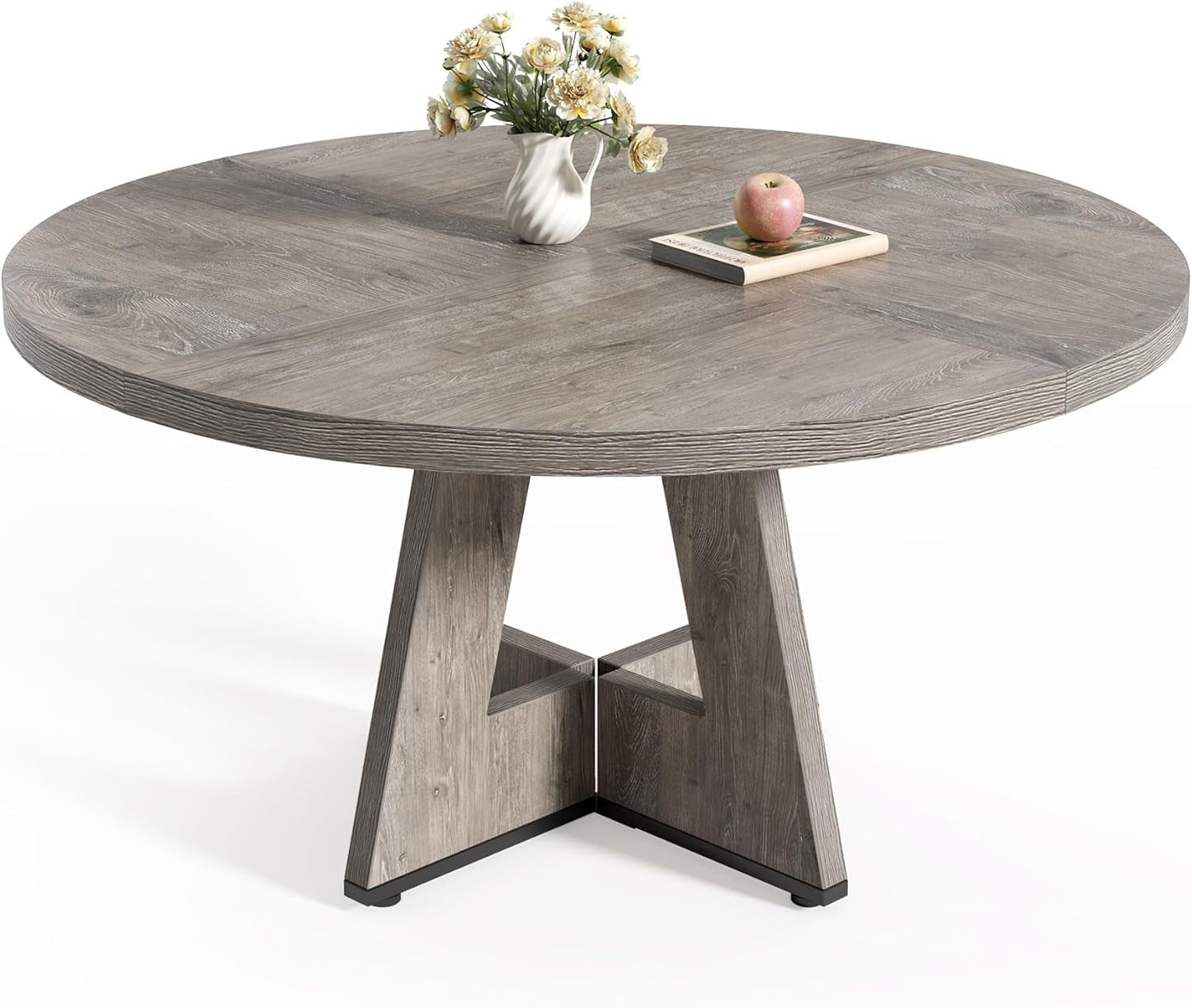round Dining Table for 4-6 People, 47 Inches Dining Room Table with Wooden Pedestal Base, Grey Dinner Table, Circle Kitchen Table for Dining Room, Kitchen, Living Room(Table Only)-0