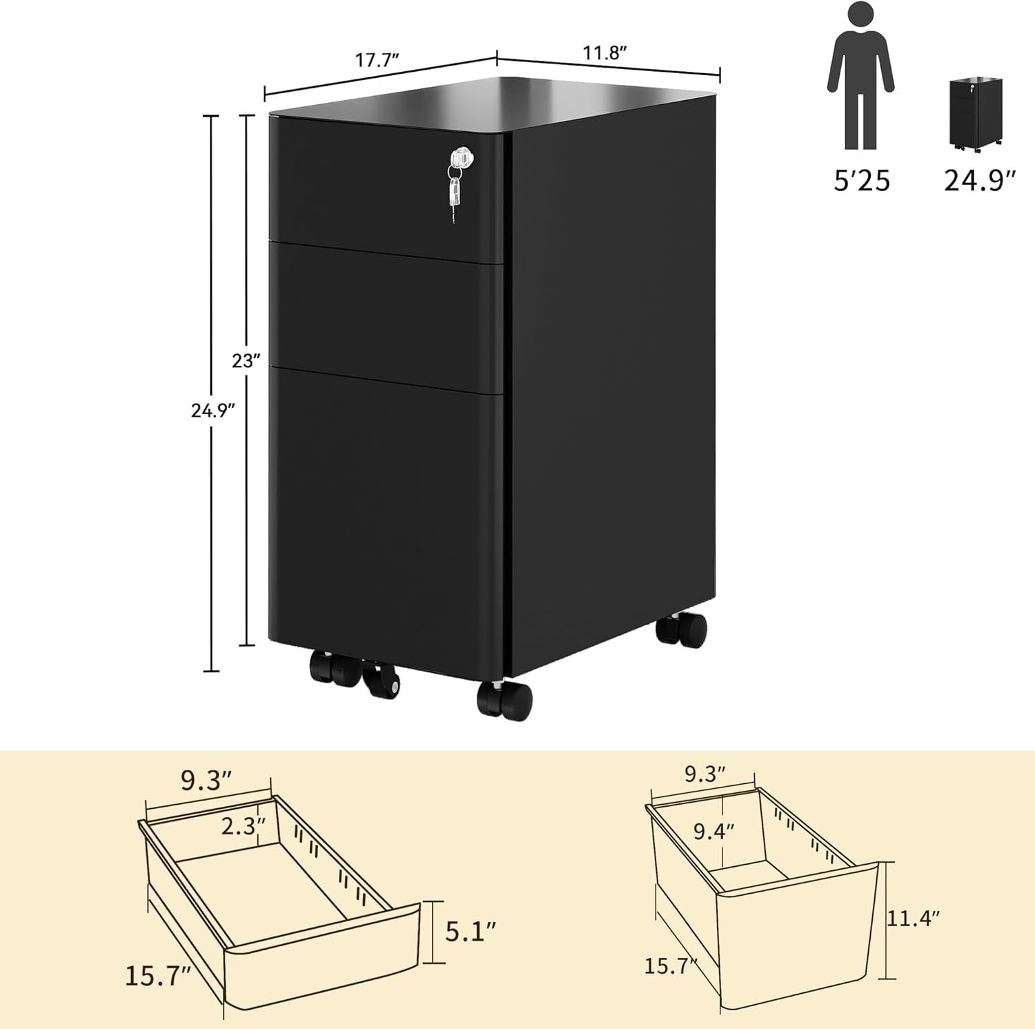 3-Drawer Vertical File Cabinet, Mobile Filing Cabinet with Lockable, Pre-Assembled Compact Slim File Cabinet, Portable Office Storage for A4/Letter/Legal Documents (Black)-2