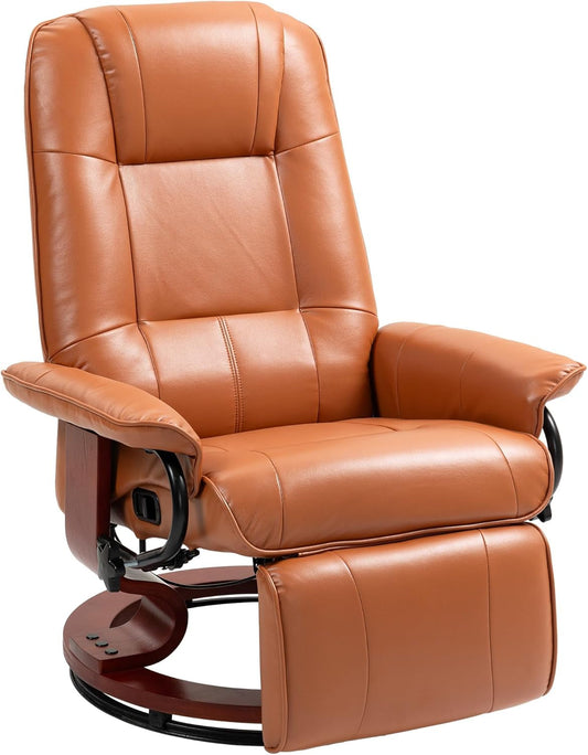Faux Leather Manual Recliner, Adjustable Swivel Lounge Chair with Footrest, Armrest and Wrapped Wood Base for Living Room, Light Brown-0