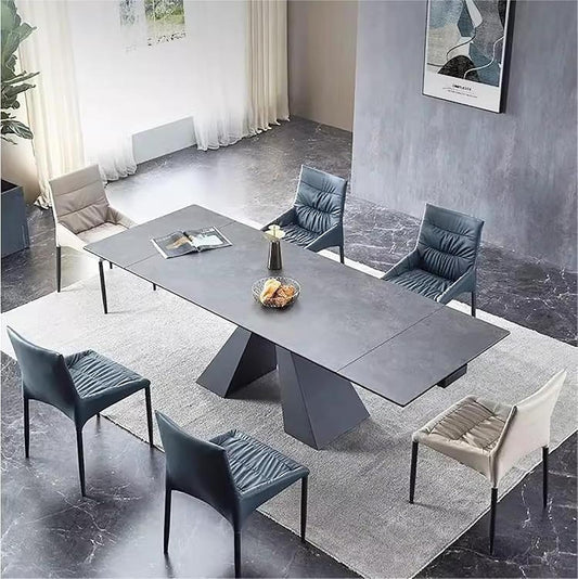 Extendable Dining Table for 8-12 Seat, Flexible Stretch, Tabletop Made from Rock Plate and Tempered Glass, Solid Carbon Steel Base, 35.4" D X 94.5" W X 30" H, Dark Grey-0