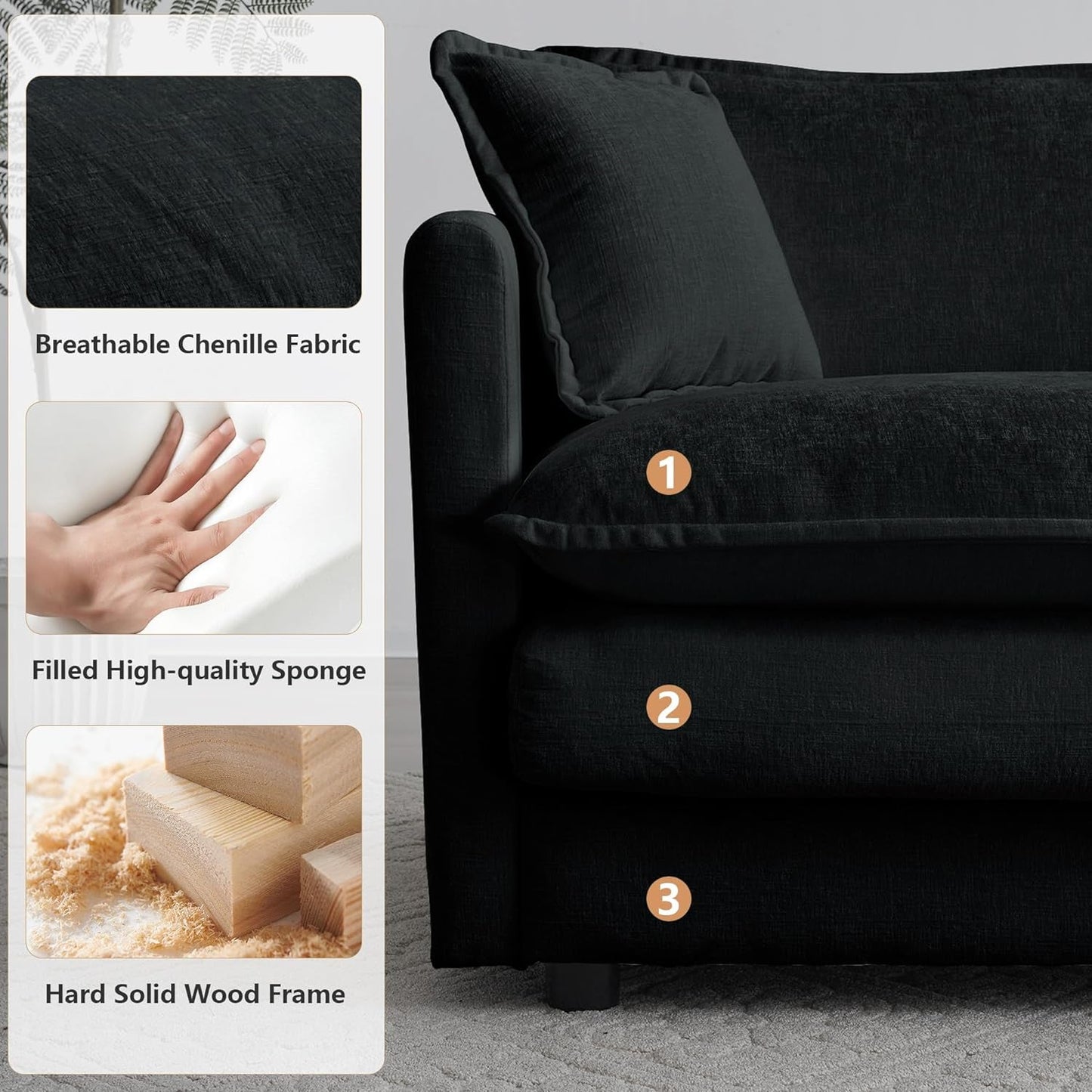 Luxury 3 Piece Sofa Set, 2 Pieces of Single Sofa and 1 Piece of 3 Seater Sofa, Modern Chenille Comfy Cloud Couches Set with 7 Pillows for Living Room Office, Black-4