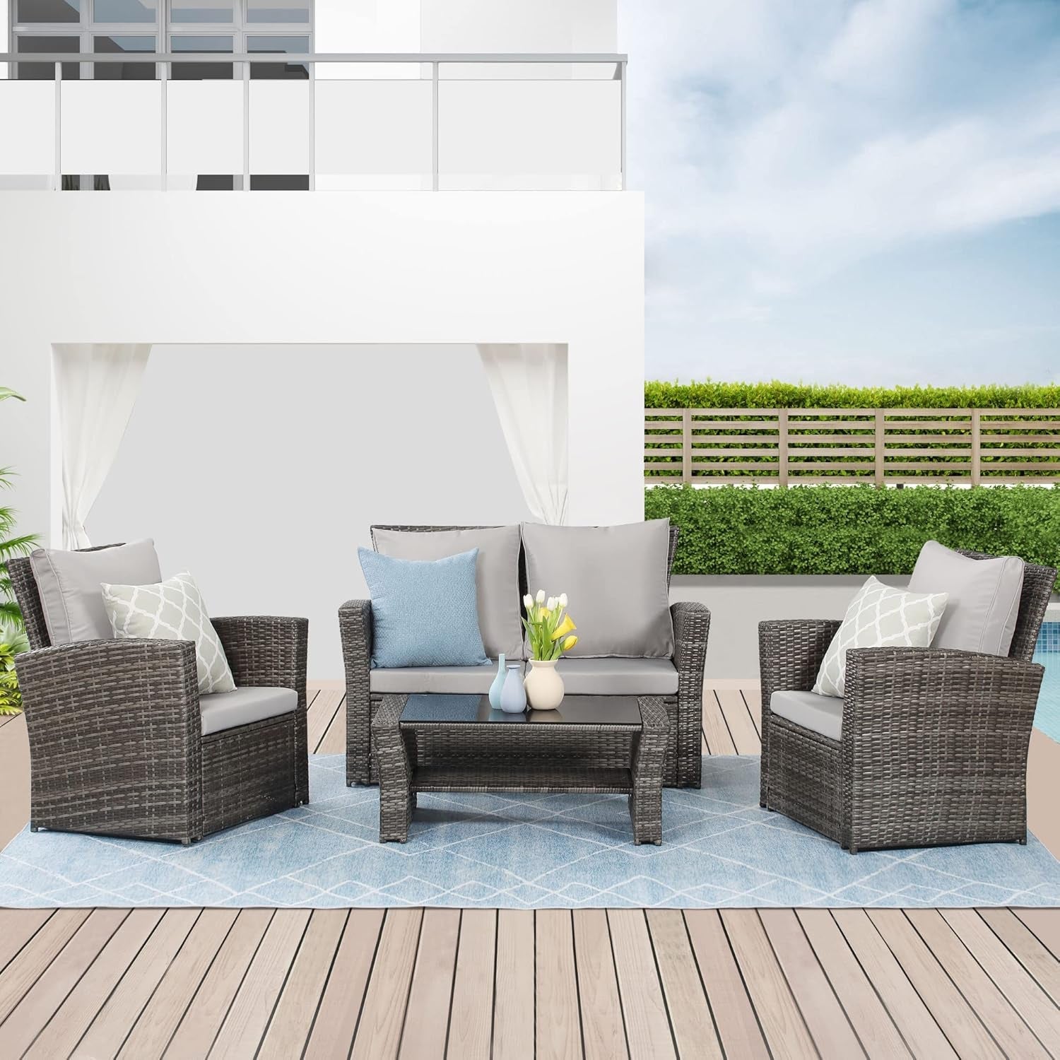 4 Piece Outdoor Patio Furniture Sets, Wicker Conversation Set for Porch Deck, Gray Rattan Sofa Chair with Cushion-2