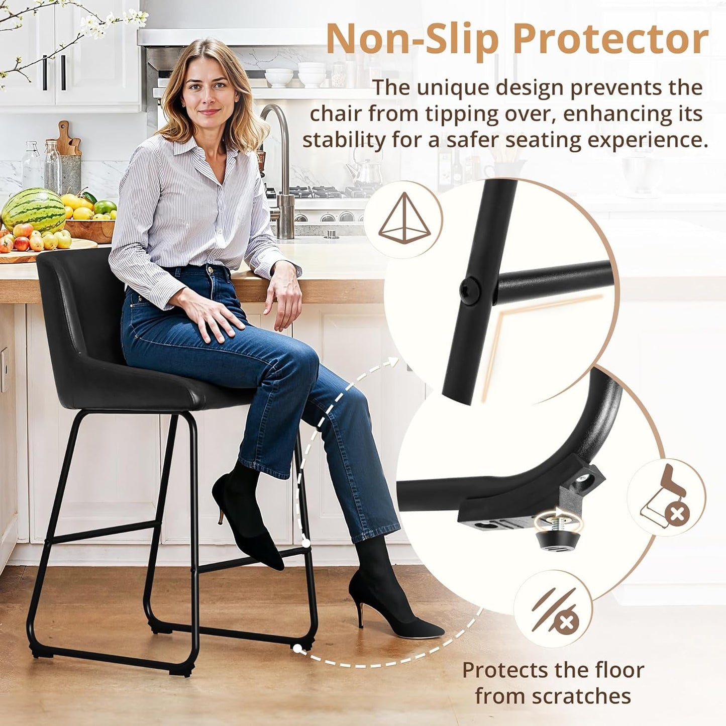 26 Inch Bar Stools Set of 3, Faux Leather Upholstered Barstools, Counter Height Bar Stools with Back, Comfortable Bar Chairs, Modern Counter Stools for Kitchen Counter Island-3