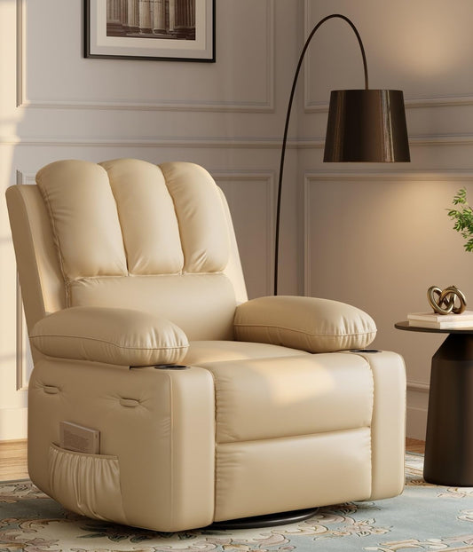 Oversized 27" Recliner Chairs with Heat and Massage - 360° Swivel Lazy Recliner Chair for Adults- Manual Rocking Chair with Cup Holder for Living Rooms, Bedrooms and Nurseries - Creamy-0