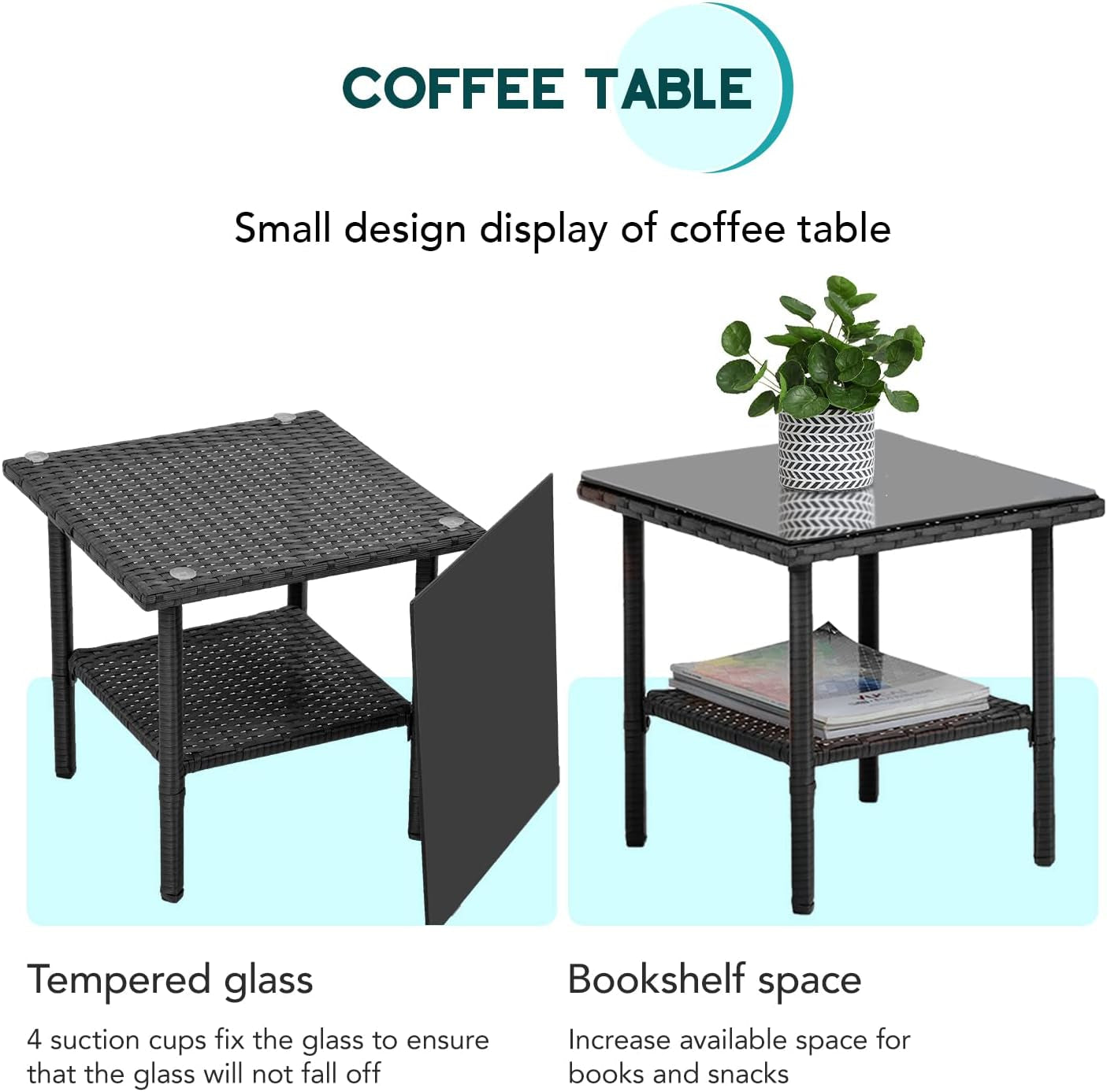 3 Piece Outdoor Furniture Set Patio Wicker Chairs Furniture Bistro Conversation Set 2 Rattan Chairs with Blue Cushions and Glass Coffee Table for Porch Lawn Garden Balcony Backyard-2