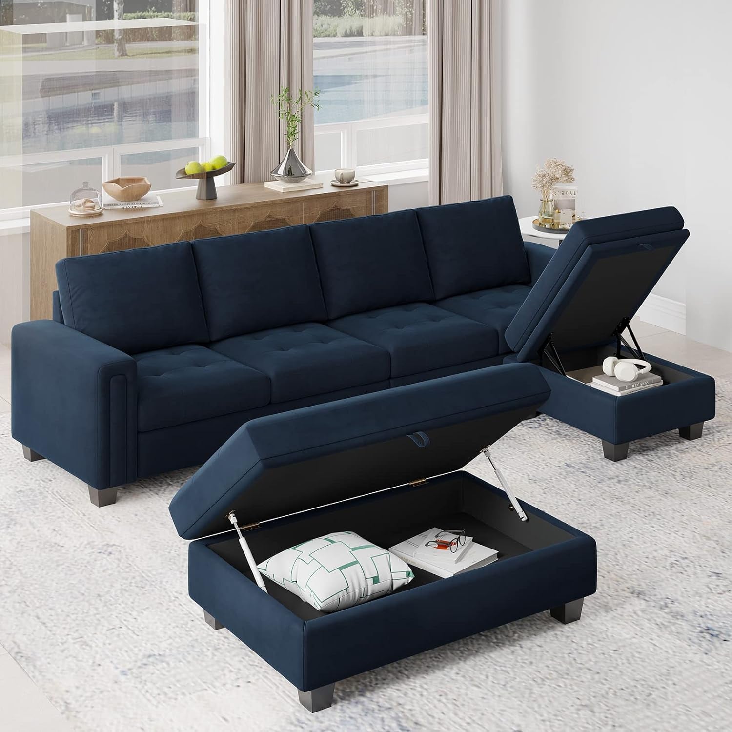 Velvet Convertible 4-Seat Sectional Sofa with Reversible Chaise L Shaped Sofa Couch Furniture Sets Sectional Couch with Storage Ottoman Blue-3