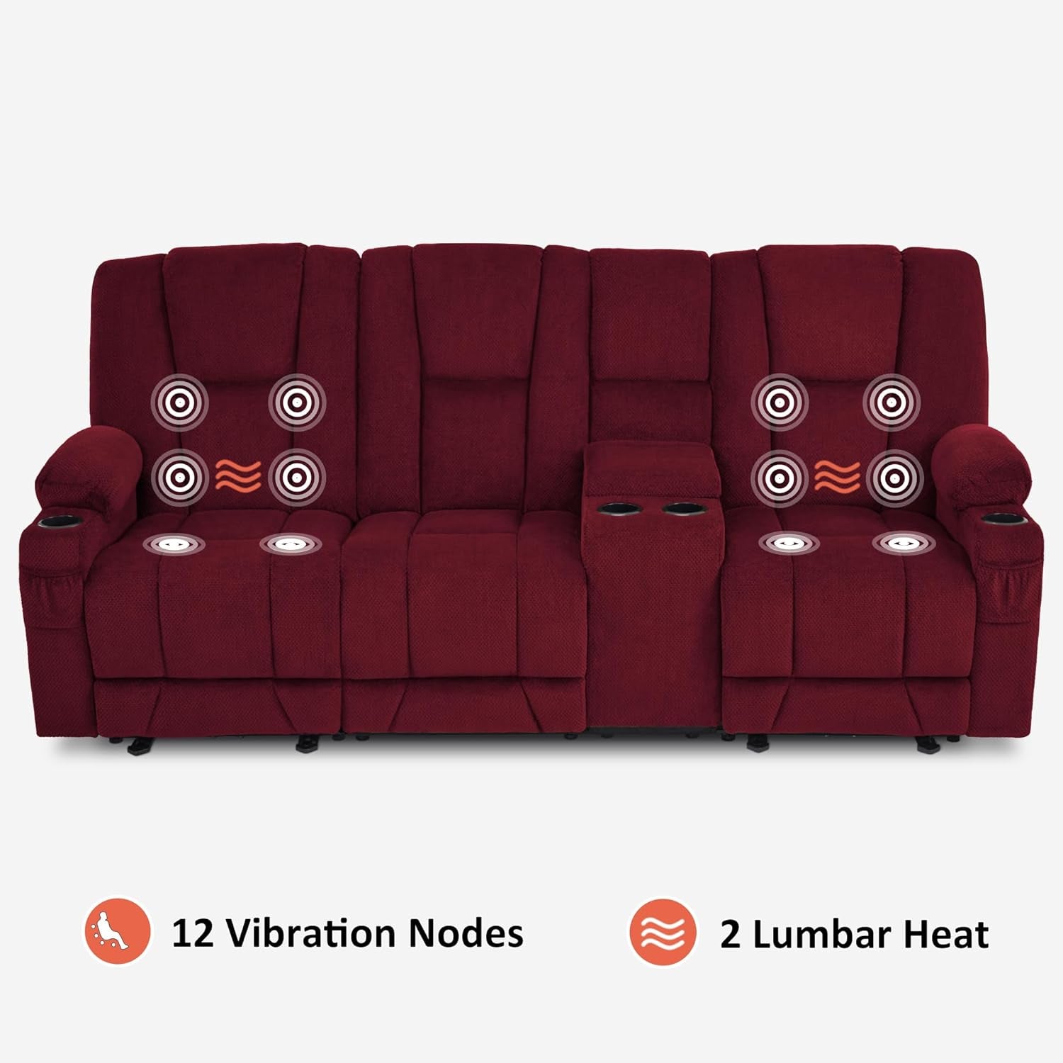 Power Reclining Sofa with Heat and Vibration,Usb Ports, Cup Holders,3-Seat Dual Recliner Sofa with Console for Living Room 6035 (Burgundy)-3