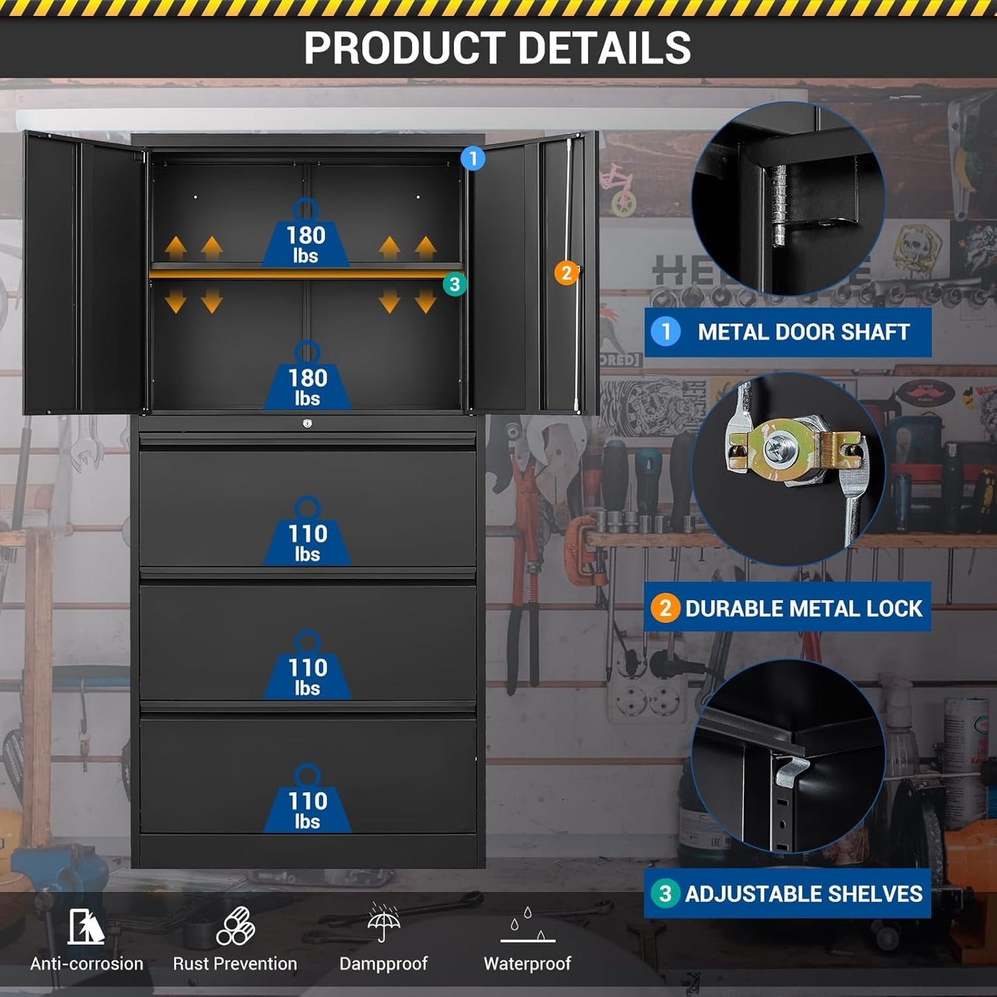 3 Drawers Lateral File Cabinet with Lockable Drawer and Door- Large Steel Filing Cabinet for Home Office Hanging Files Letter/Legal/F4/A4 Size-2