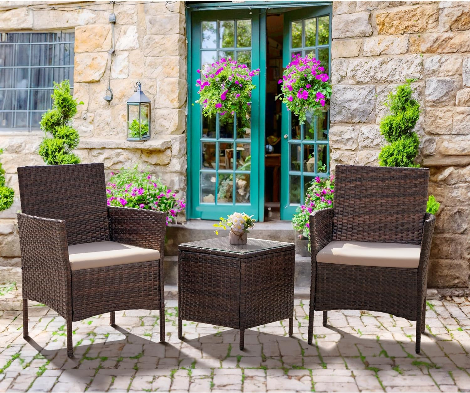 Patio Furniture Set 3 Pieces All-Weather Rattan Outdoor Furniture Patio Chairs with Tempered Glass Table for Porch Bistro Balcony (Brown/Cream)-0