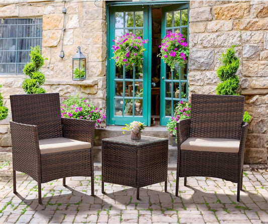 Patio Furniture Set 3 Pieces All-Weather Rattan Outdoor Furniture Patio Chairs with Tempered Glass Table for Porch Bistro Balcony (Brown/Cream)-0