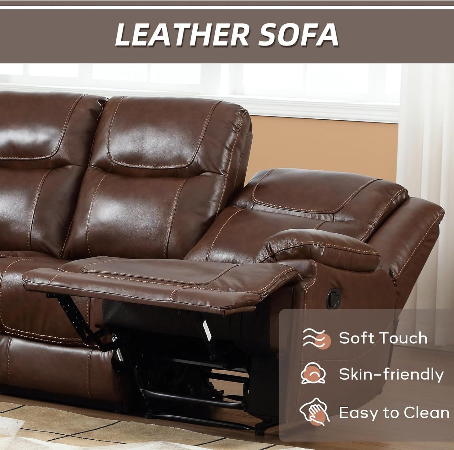 Genuine Leather Manual Recliner Sofa Set, Recliner Chair, Loveseat Reclining Sofa and 3 Seat Recliner Sofa, Couch Furniture Set for Living Room, Meeting Room, Brown(Recliner+Loveseat+Sofa)-3