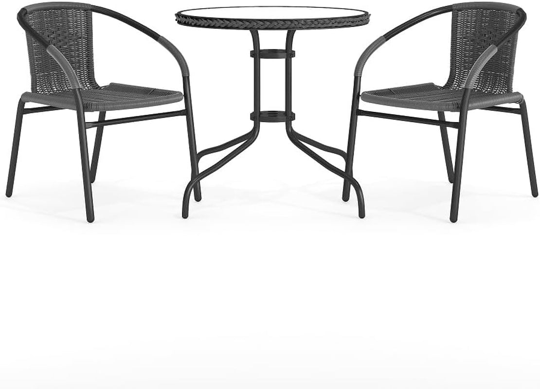 3-Piece Patio Dining Set with round Glass Metal Table and 2 Stackable Rattan Chairs, Indoor/Outdoor Bistro Table and Chairs Set, Gray-0
