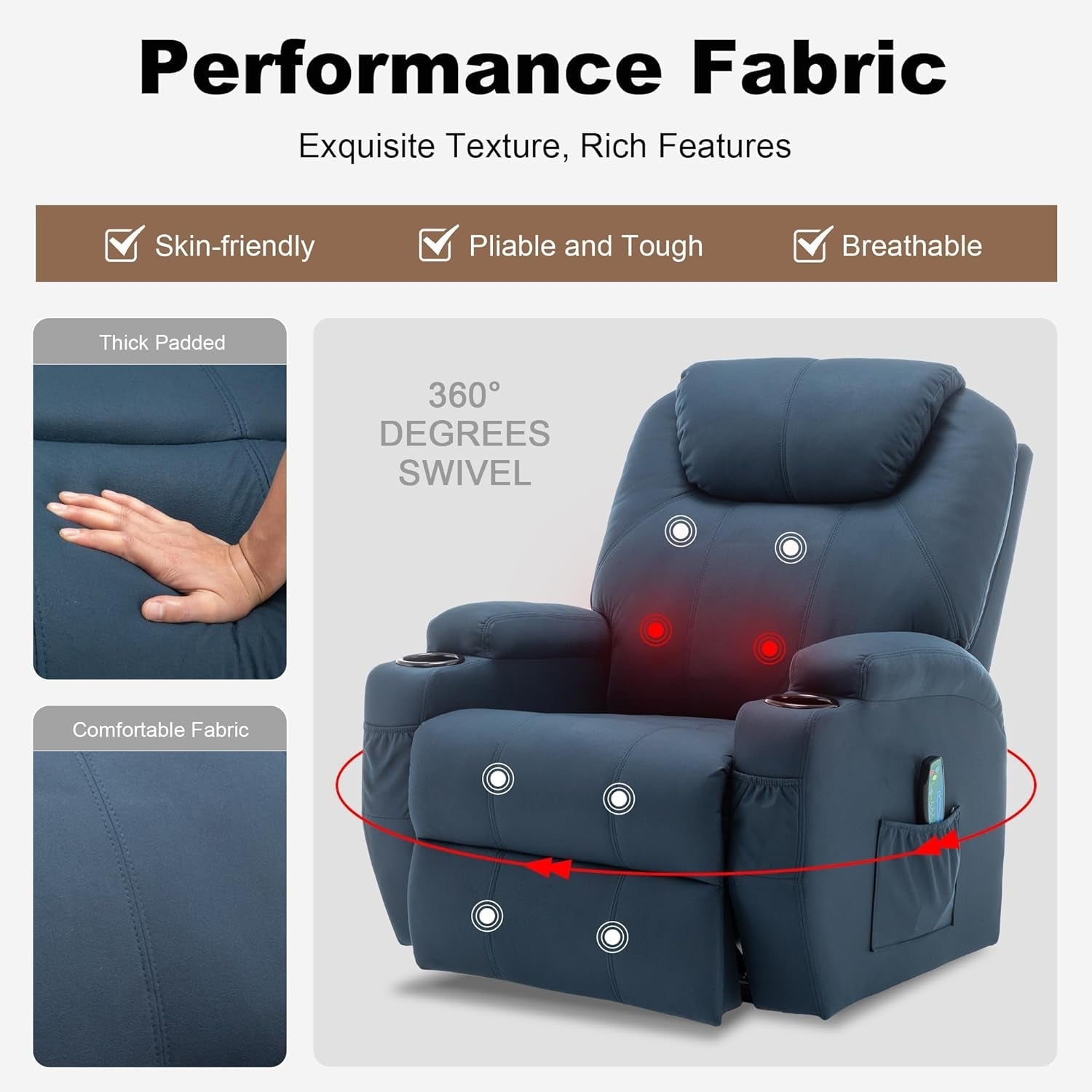 Recliner Chair, Rocking Chair with Massage and Heat, 360° Swivel Recliner Chairs for Adults, Rocker Manual Recliner with Remote Control and Cup Holder for Living Room, Bedroom, Nursery-2