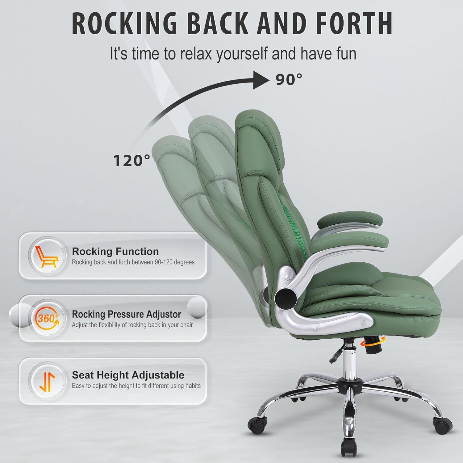 Modern Executive Office Chairs with Lumbar Support, 90-120° Rocking Managerial Chair Ergonomic PU Leather Home Office Desk Chairs with Wheels, Flip-Up Arms & Back Support (Green)-4